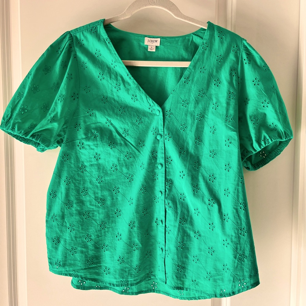 J Crew Factory Puff Sleeve eyelet button top